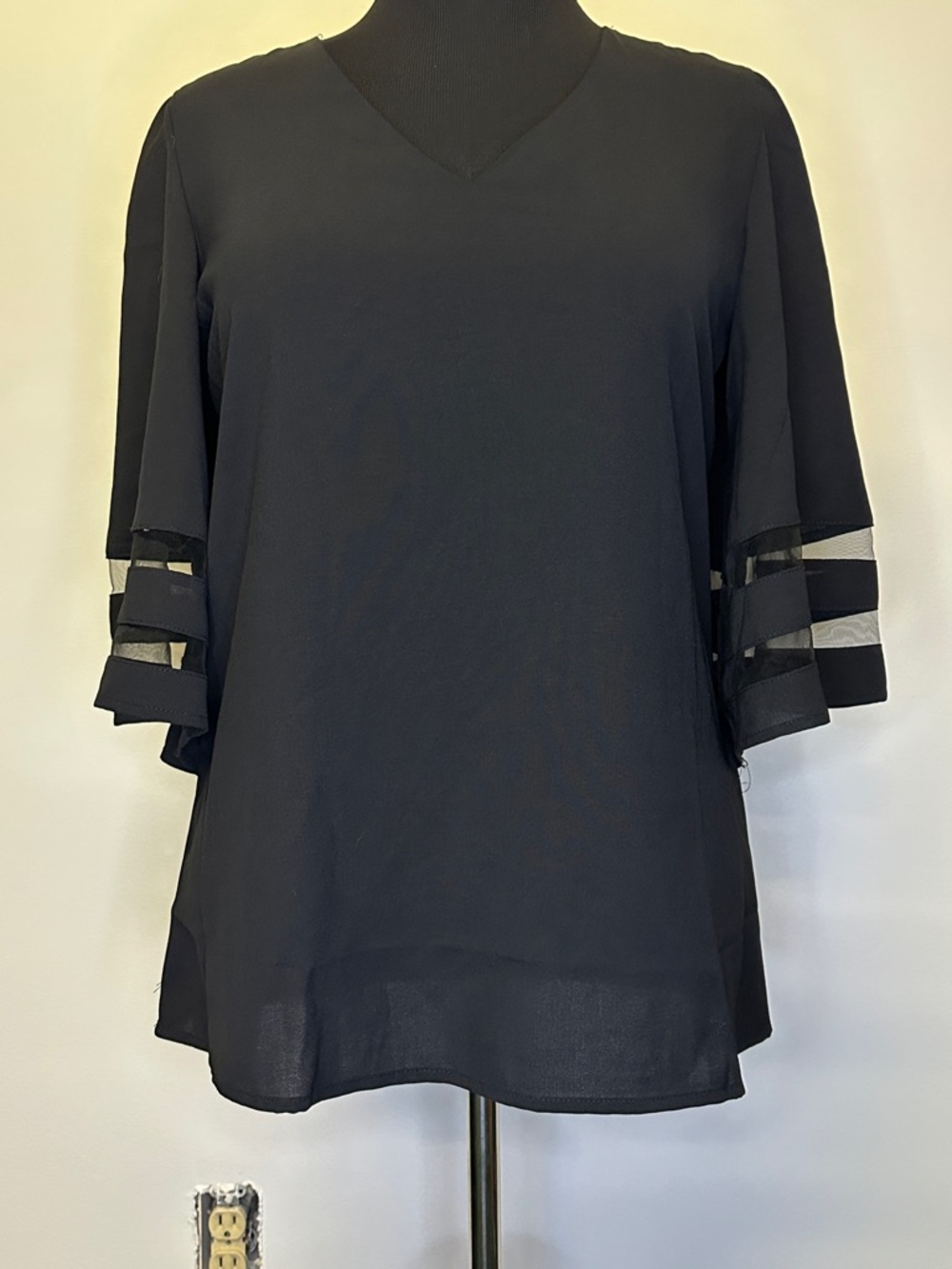 Black V-Neck blouse with Sheer Stripe Sleeves size medium
